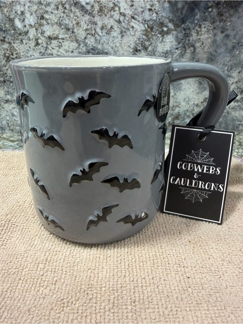 NWT Cobwebs & Cauldrons Hand Painted Bat Halloween Ceramic Mug Gray